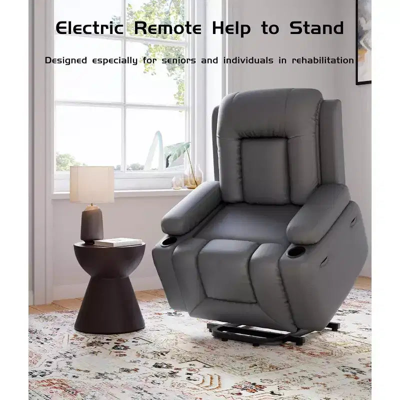 Oversized Power Lift Recliner Chair with Heat & Massage - Faux Leather Recliner, Built-In Storage & Cup Holders