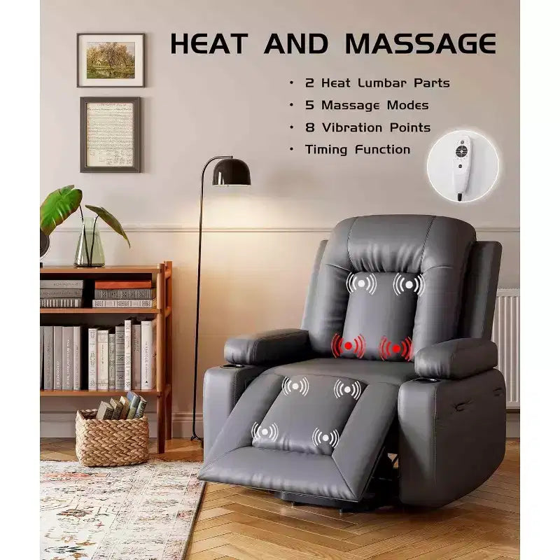 Oversized Power Lift Recliner Chair with Heat & Massage - Faux Leather Recliner, Built-In Storage & Cup Holders