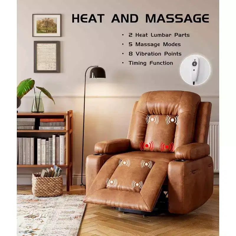Oversized Power Lift Recliner Chair with Heat & Massage - Faux Leather Recliner, Built-In Storage & Cup Holders