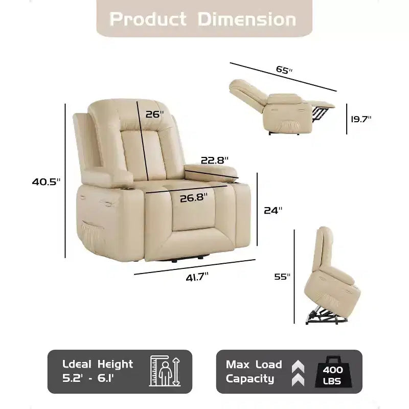 Oversized Power Lift Recliner Chair with Heat & Massage - Faux Leather Recliner, Built-In Storage & Cup Holders