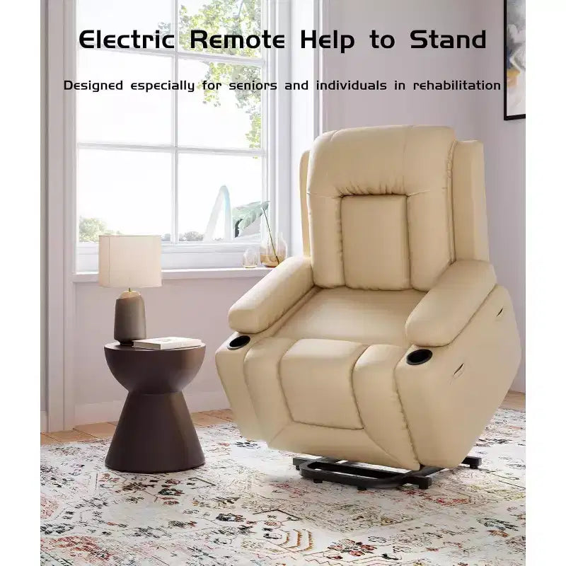 Oversized Power Lift Recliner Chair with Heat & Massage - Faux Leather Recliner, Built-In Storage & Cup Holders