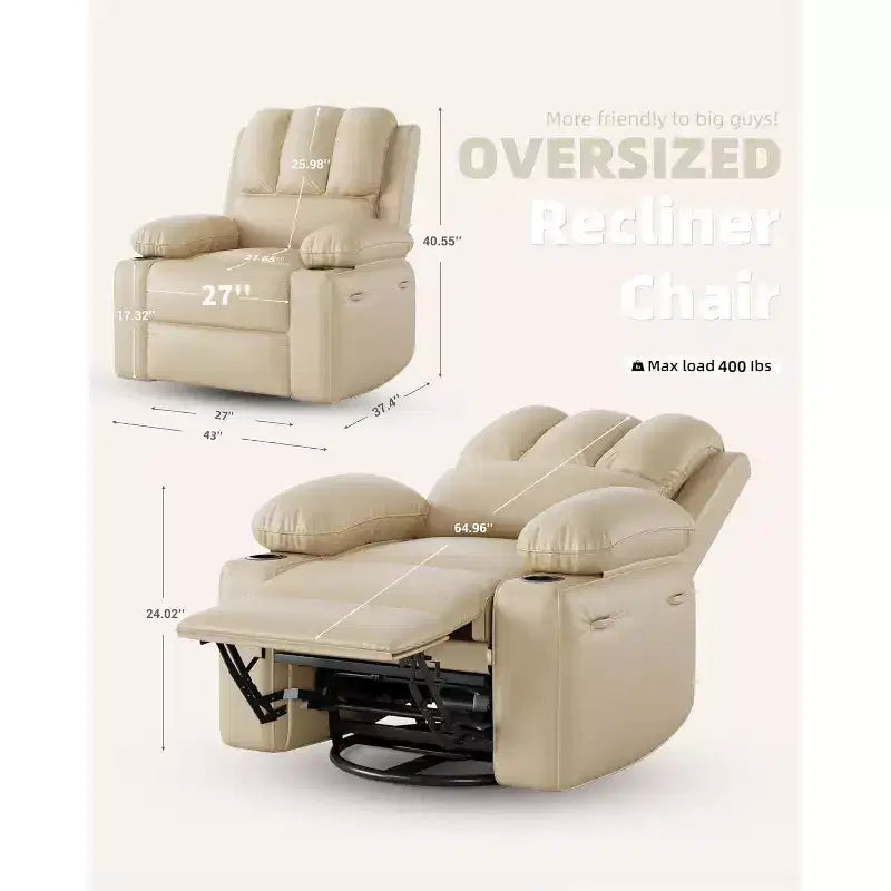 Manual PU Leather Recliner Chair - 26.8 Ergonomic Design with Cup Holders & Storage, for Home Theater, Living Room