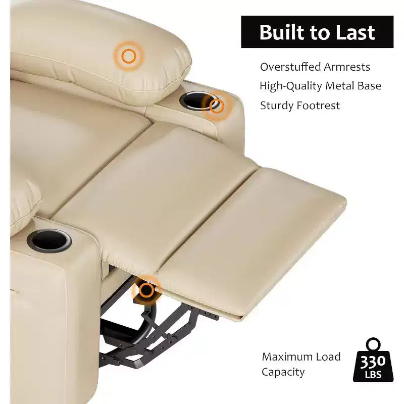 Manual PU Leather Recliner Chair - 26.8 Ergonomic Design with Cup Holders & Storage, for Home Theater, Living Room