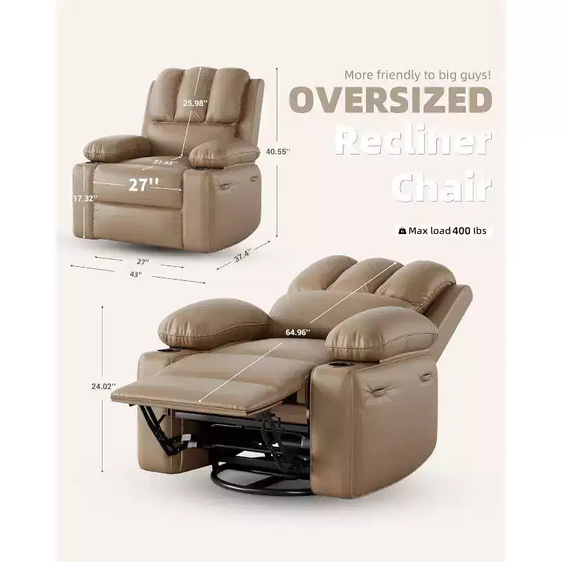 Manual PU Leather Recliner Chair - 26.8 Ergonomic Design with Cup Holders & Storage, for Home Theater, Living Room