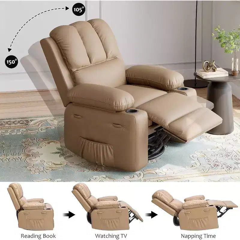 Manual PU Leather Recliner Chair - 26.8 Ergonomic Design with Cup Holders & Storage, for Home Theater, Living Room