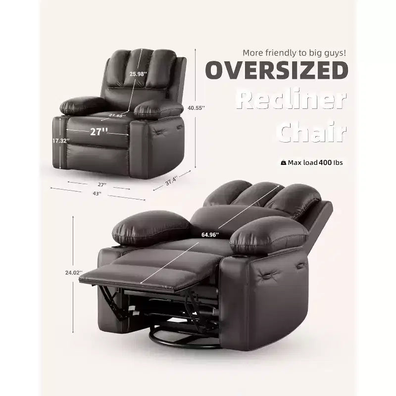 Manual PU Leather Recliner Chair - 26.8 Ergonomic Design with Cup Holders & Storage, for Home Theater, Living Room