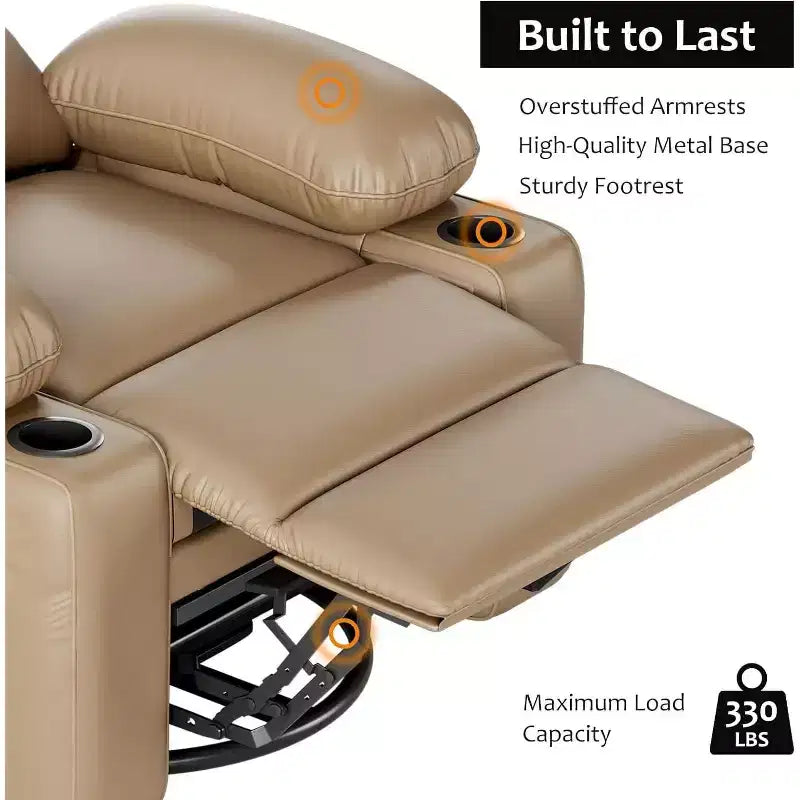 Manual PU Leather Recliner Chair - 26.8 Ergonomic Design with Cup Holders & Storage, for Home Theater, Living Room
