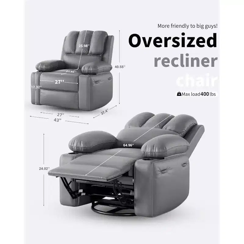 Manual PU Leather Recliner Chair - 26.8 Ergonomic Design with Cup Holders & Storage, for Home Theater, Living Room