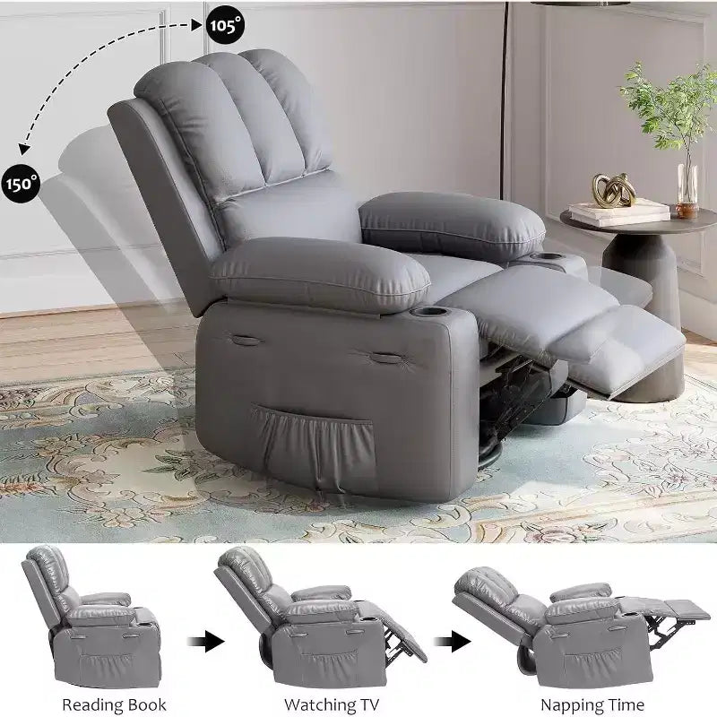 Manual PU Leather Recliner Chair - 26.8 Ergonomic Design with Cup Holders & Storage, for Home Theater, Living Room