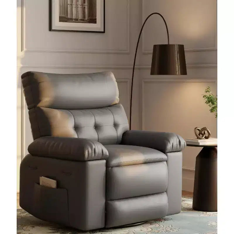 Sillón reclinable con calor y masaje, giro de 360° y balancín manual, diseño ergonómico con control remoto y portavasos para sala de estar