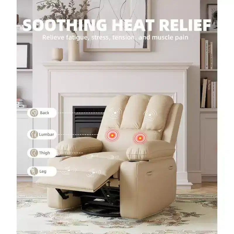 27 Oversized Recliner Chair with Heat & Massage  360 Swivel & Manual Rocking, Cup Holder for Living Room