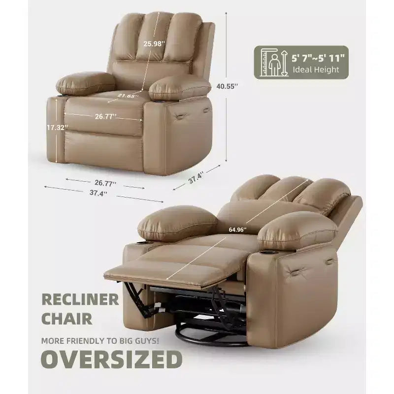 27 Oversized Recliner Chair with Heat & Massage  360 Swivel & Manual Rocking, Cup Holder for Living Room