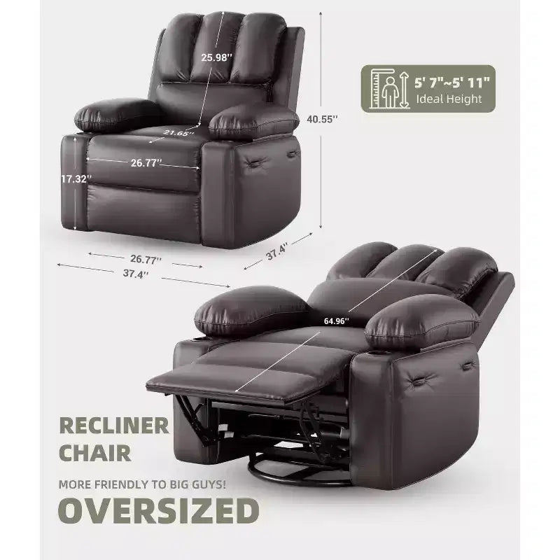 27 Oversized Recliner Chair with Heat & Massage  360 Swivel & Manual Rocking, Cup Holder for Living Room
