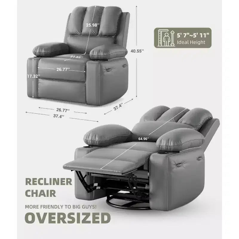27 Oversized Recliner Chair with Heat & Massage  360 Swivel & Manual Rocking, Cup Holder for Living Room