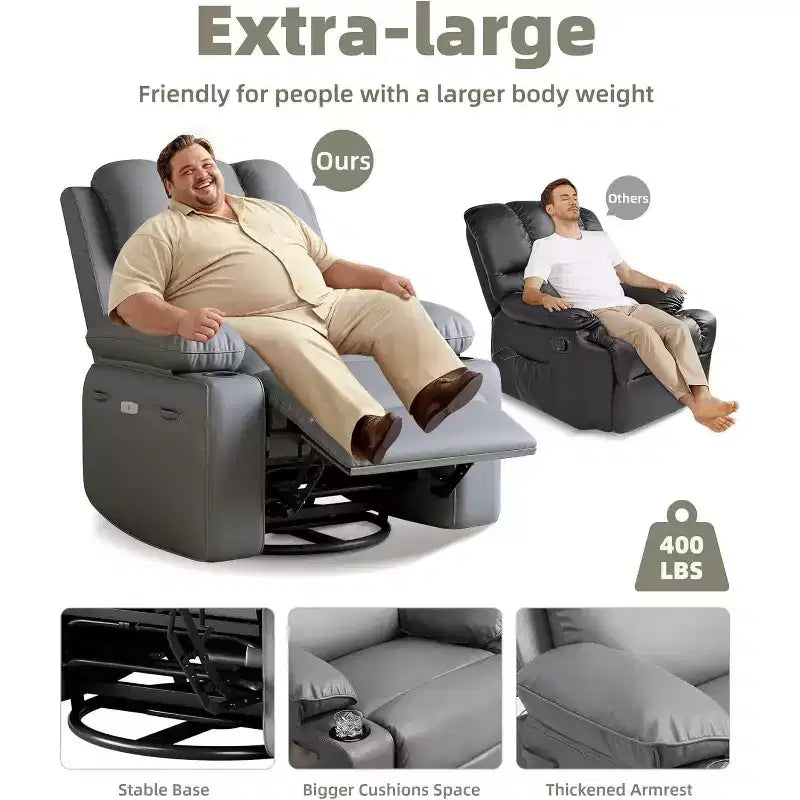 27 Oversized Recliner Chair with Heat & Massage  360 Swivel & Manual Rocking, Cup Holder for Living Room