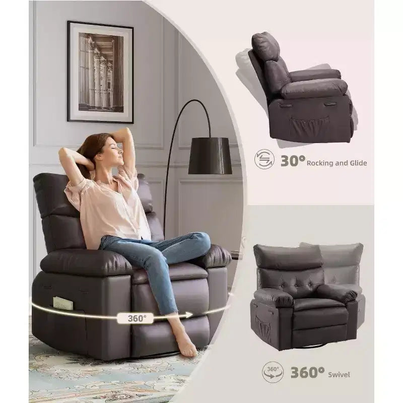 27 Oversized Recliner with Heat & Massage  360 Swivel & Manual Rocking, Remote Control for Living Room, Bedroom