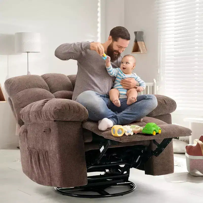 Recliner Chair, 360 Swivel Rocker Chair for Small Spaces,Upholstered Fabric Glider Nursery Chair With Side Pockets for Living Room,Q235 Steel Frame