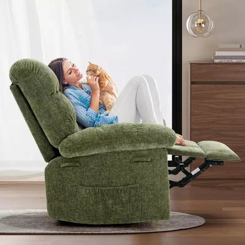 Recliner Chair, 360 Swivel Rocker Chair for Small Spaces,Upholstered Fabric Glider Nursery Chair With Side Pockets for Living Room,Q235 Steel Frame