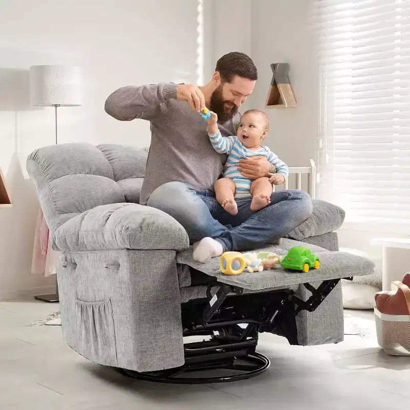 Recliner Chair, 360 Swivel Rocker Chair for Small Spaces,Upholstered Fabric Glider Nursery Chair With Side Pockets for Living Room,Q235 Steel Frame