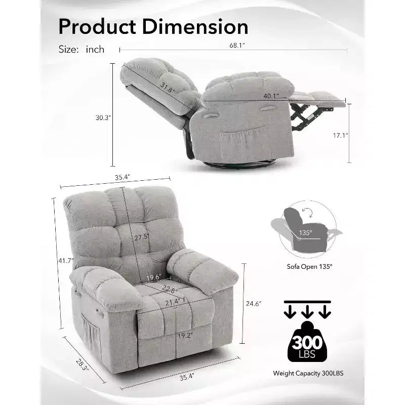 Recliner Chair, 360 Swivel Rocker Chair for Small Spaces,Upholstered Fabric Glider Nursery Chair With Side Pockets for Living Room,Q235 Steel Frame