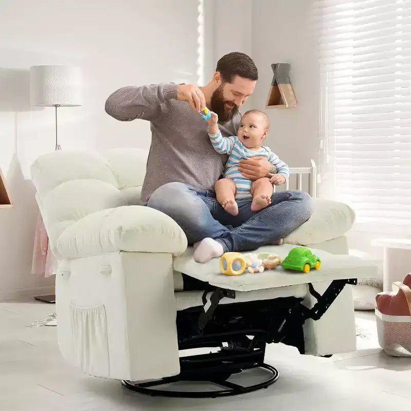 Recliner Chair, 360 Swivel Rocker Chair for Small Spaces,Upholstered Fabric Glider Nursery Chair With Side Pockets for Living Room,Q235 Steel Frame