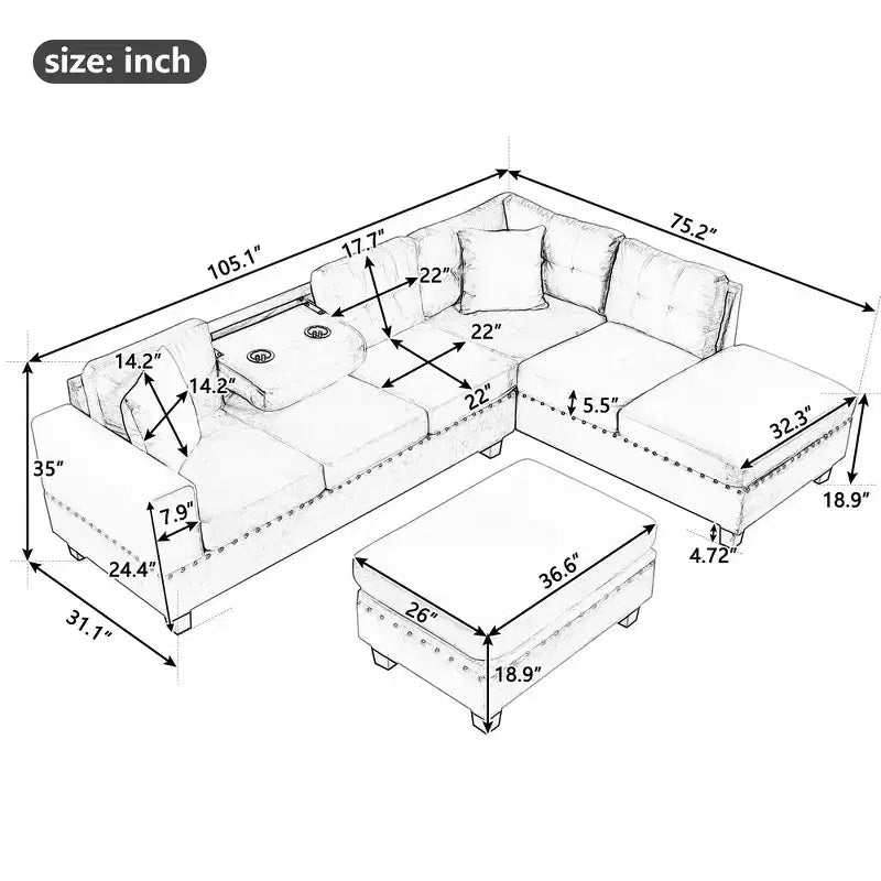 Whisen 105 L-Shaped Modern Sectional with Storage Ottoman & 2 Pillows