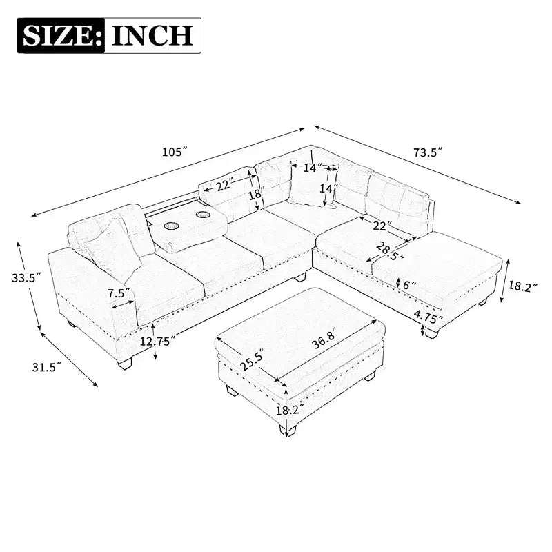 Whisen 105 L-Shaped Modern Sectional with Storage Ottoman & 2 Pillows