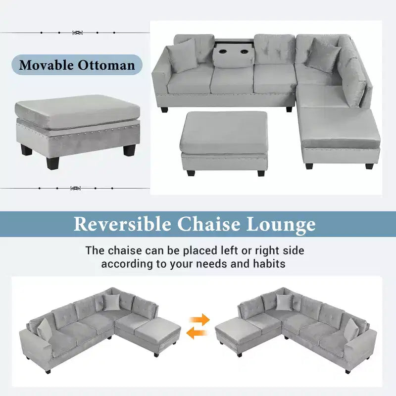 Whisen 105 L-Shaped Modern Sectional with Storage Ottoman & 2 Pillows