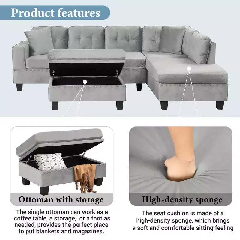 Whisen 105 L-Shaped Modern Sectional with Storage Ottoman & 2 Pillows