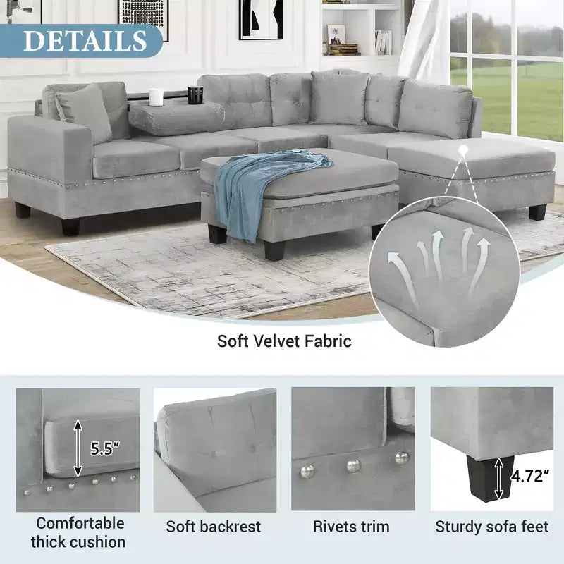Whisen 105 L-Shaped Modern Sectional with Storage Ottoman & 2 Pillows
