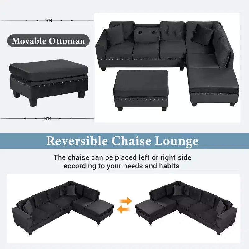 Whisen 105 L-Shaped Modern Sectional with Storage Ottoman & 2 Pillows