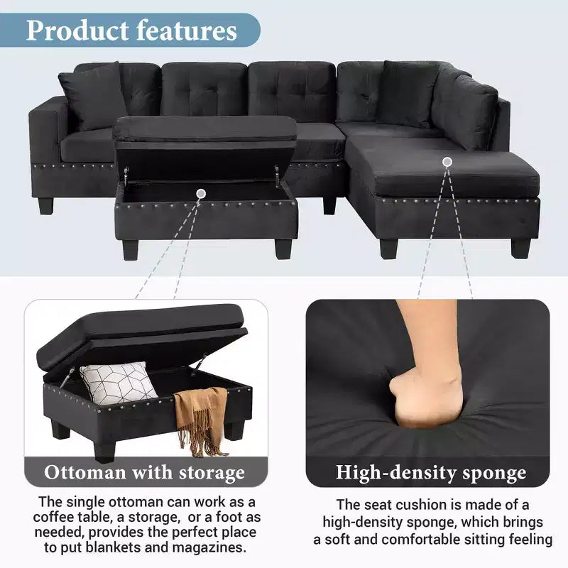 Whisen 105 L-Shaped Modern Sectional with Storage Ottoman & 2 Pillows