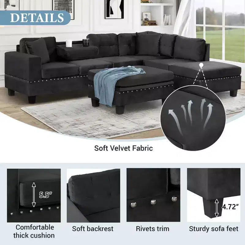 Whisen 105 L-Shaped Modern Sectional with Storage Ottoman & 2 Pillows