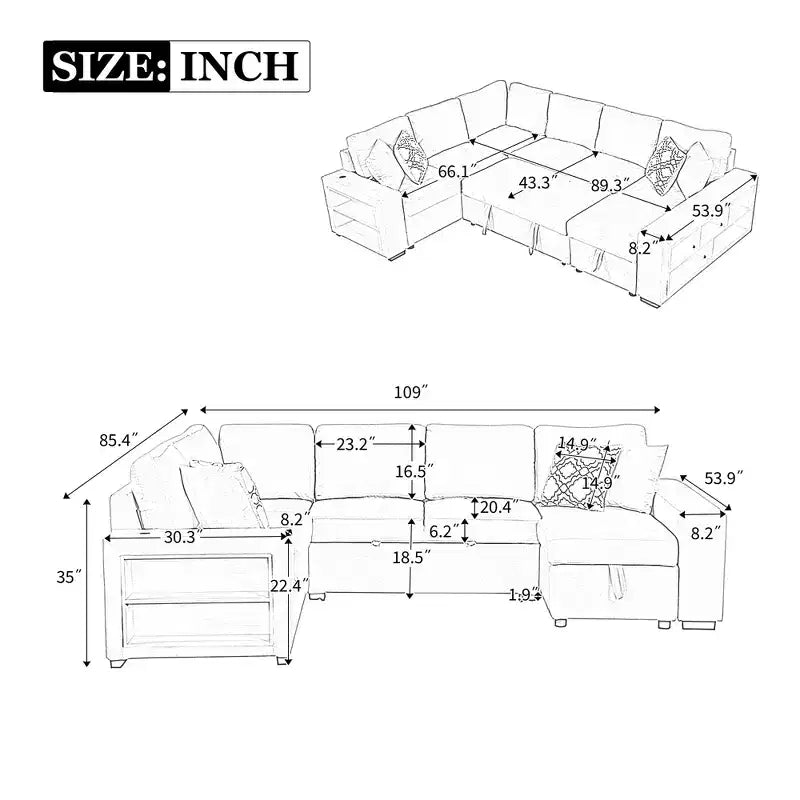 109 U-Shaped Sectional Sleeper Sofa with USB Ports, Storage Chaise & 4 Pillows - Convertible Sofa Bed for Living Room
