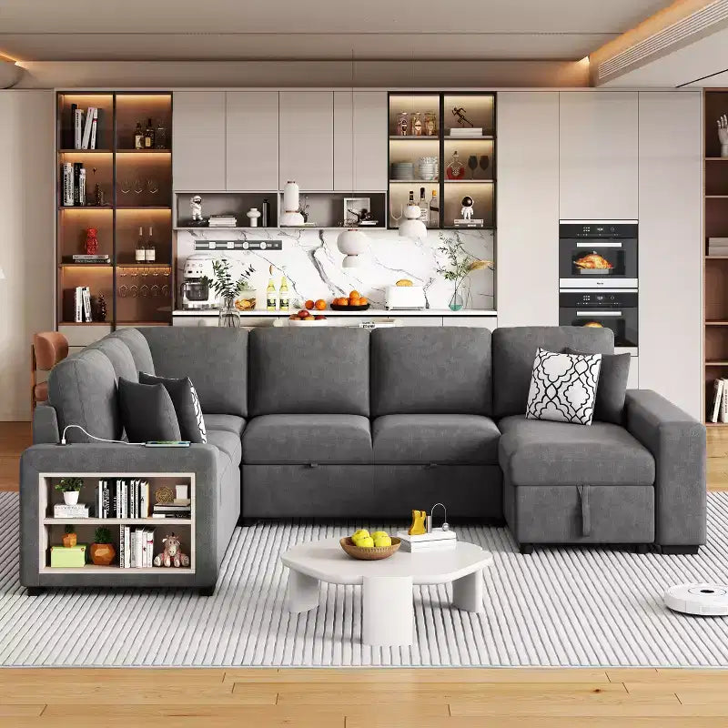 109 U-Shaped Sectional Sleeper Sofa with USB Ports, Storage Chaise & 4 Pillows - Convertible Sofa Bed for Living Room