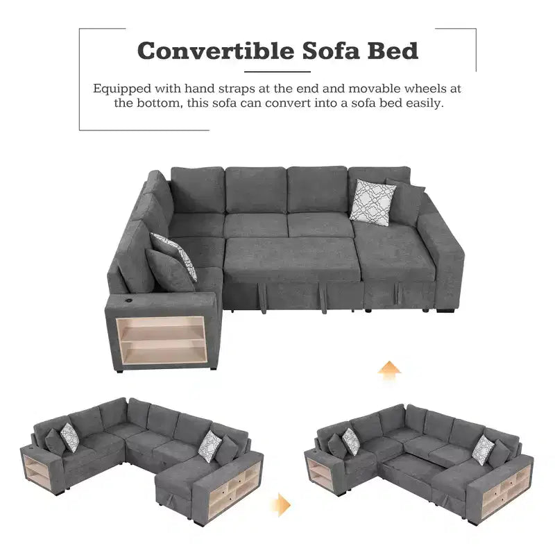 109 U-Shaped Sectional Sleeper Sofa with USB Ports, Storage Chaise & 4 Pillows - Convertible Sofa Bed for Living Room
