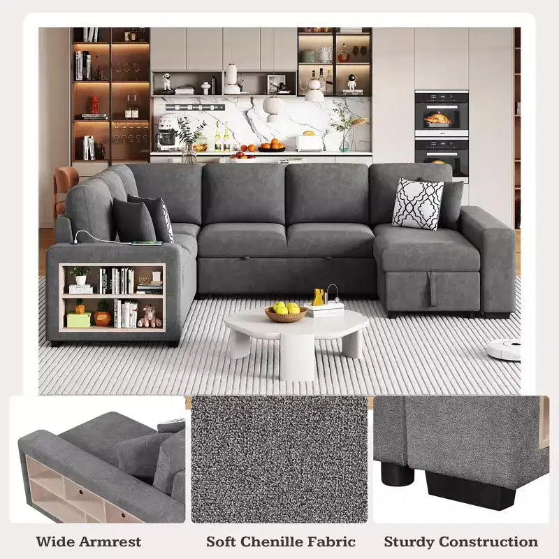 109 U-Shaped Sectional Sleeper Sofa with USB Ports, Storage Chaise & 4 Pillows - Convertible Sofa Bed for Living Room