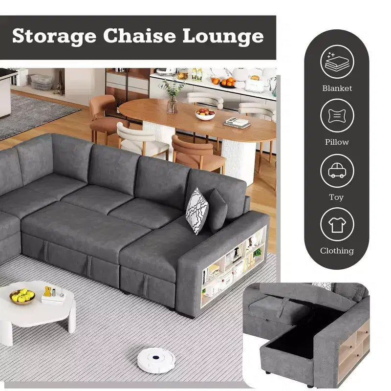 109 U-Shaped Sectional Sleeper Sofa with USB Ports, Storage Chaise & 4 Pillows - Convertible Sofa Bed for Living Room