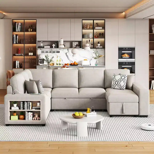 Sofá Cama Seccional en Forma de U de 109 pulgadas con Puertos USB, Chaise de Almacenamiento y 4 Almohadas - Sofá Cama Convertible para Sala de Estar