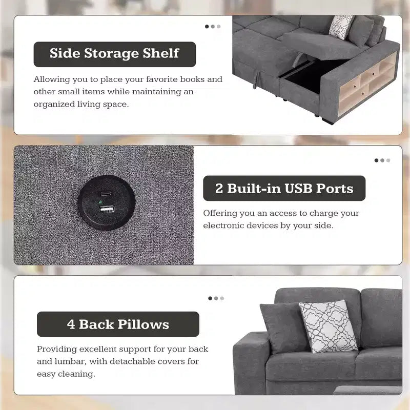 109 U-Shaped Sectional Sleeper Sofa with USB Ports, Storage Chaise & 4 Pillows - Convertible Sofa Bed for Living Room