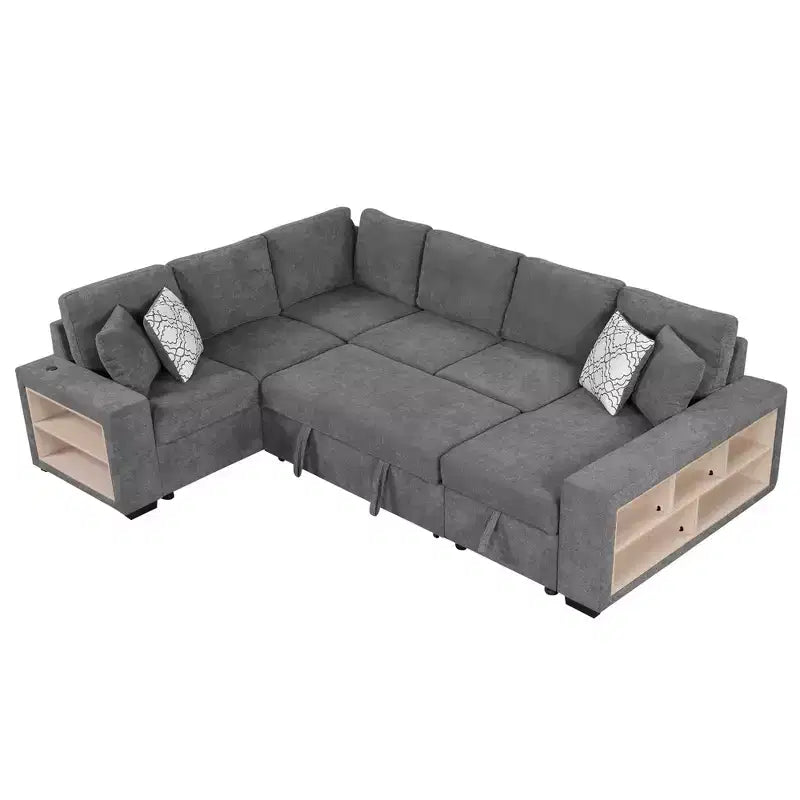 109 U-Shaped Sectional Sleeper Sofa with USB Ports, Storage Chaise & 4 Pillows - Convertible Sofa Bed for Living Room