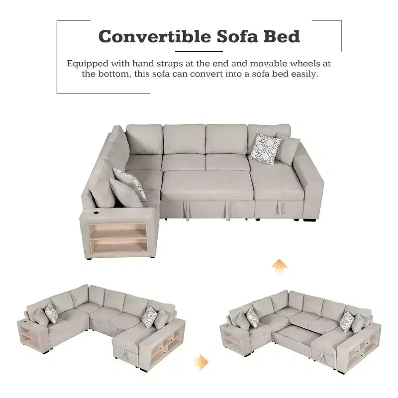 109 U-Shaped Sectional Sleeper Sofa with USB Ports, Storage Chaise & 4 Pillows - Convertible Sofa Bed for Living Room