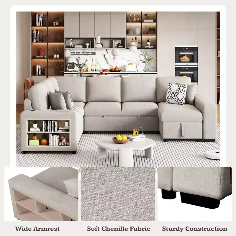 109 U-Shaped Sectional Sleeper Sofa with USB Ports, Storage Chaise & 4 Pillows - Convertible Sofa Bed for Living Room