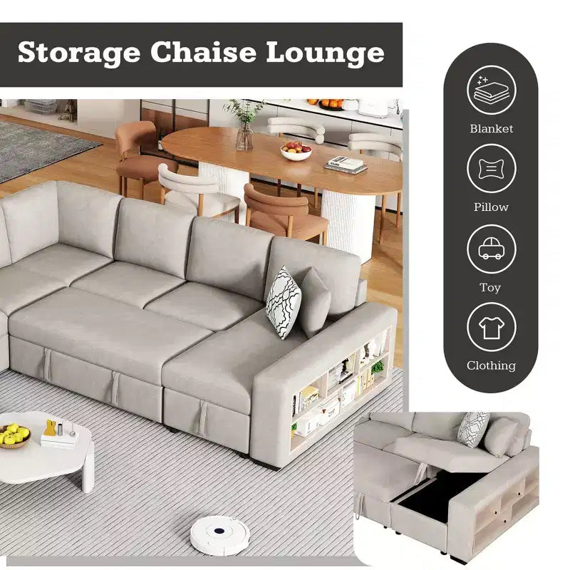 109 U-Shaped Sectional Sleeper Sofa with USB Ports, Storage Chaise & 4 Pillows - Convertible Sofa Bed for Living Room