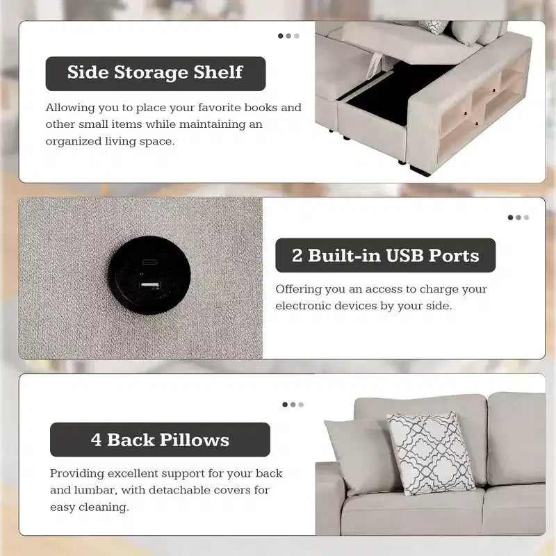 109 U-Shaped Sectional Sleeper Sofa with USB Ports, Storage Chaise & 4 Pillows - Convertible Sofa Bed for Living Room