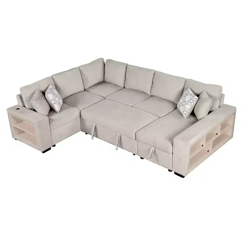 109 U-Shaped Sectional Sleeper Sofa with USB Ports, Storage Chaise & 4 Pillows - Convertible Sofa Bed for Living Room