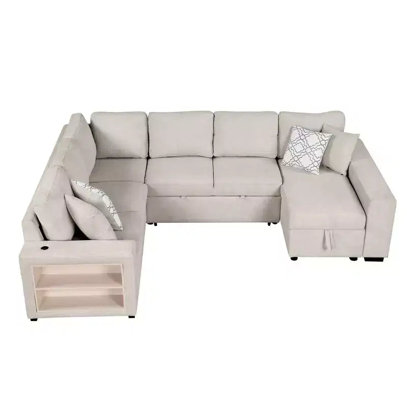 109 U-Shaped Sectional Sleeper Sofa with USB Ports, Storage Chaise & 4 Pillows - Convertible Sofa Bed for Living Room