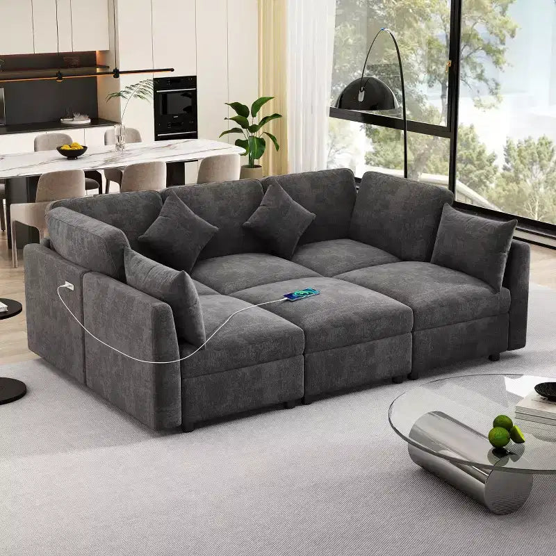 85.4 Modular Sectional Sofa Bed with Ottoman, USB Ports  Convertible L/U-Shaped Chenille Sofa for Living Room