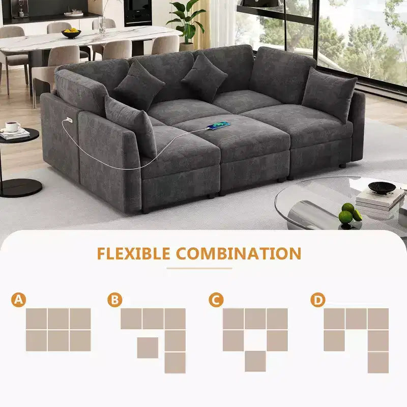 85.4 Modular Sectional Sofa Bed with Ottoman, USB Ports  Convertible L/U-Shaped Chenille Sofa for Living Room