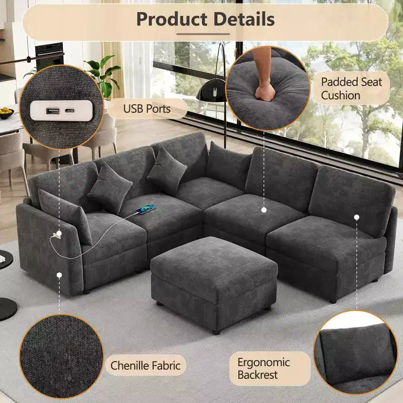 85.4 Modular Sectional Sofa Bed with Ottoman, USB Ports  Convertible L/U-Shaped Chenille Sofa for Living Room